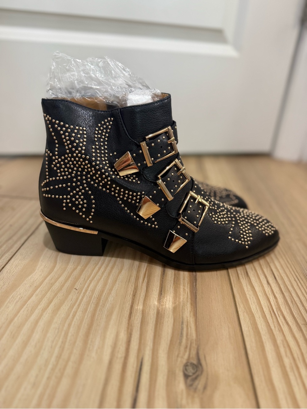 Arca Black Studded Ankle Boots with Gold Buckles - Picture 2 of 3